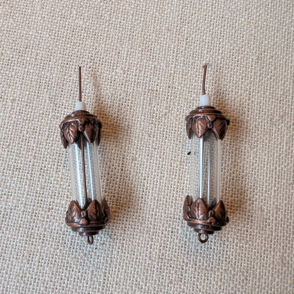 Glass Tube Drop Earrings with Antique Copper Leaf Caps #31